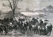 Twenty-fourth Oxford and Cambridge Boat Race, The Thames, London, April 13,1867, artist's impression.