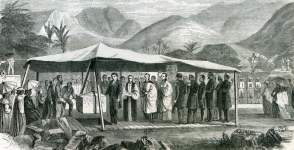 King Kamehamena V of Hawaii laying the cornerstone of the Episcopal Church, Honolulu, March 5, 1867, artist's impression.