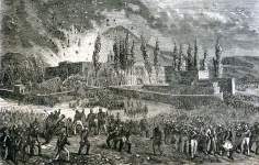 Climax of the Turkish siege of the Arkadi Monastery, Crete, November 9, 1866, artist's impression.