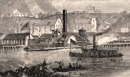Steamboat carrying former Confederate president Jefferson Davis arriving at Rockett's Landing near Richmond, Virginia, May 11, 1867, artist's impression, detail.