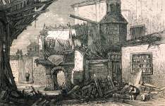 Ruins of a street in Mytilene on the Greek island of Lesbos following the massive earthquake of March 6, 1867, artist's impression.