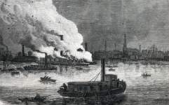 Destruction by fire of the ferry "Idaho" in New York's East River, November 26, 1866, artist's impression.