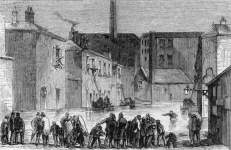Floods in Salford, Lancashire in northern England, November 15, 1866, artist's impression.
