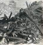 Aftermath of the viewing platform collapse at Johnstown, Pennsylvania, during President Johnson's tour, September 14, 1866, artist's impression, detail.