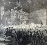 Torchlight procession of delegates to the Southern Loyalists Convention, Philadelphia, Pennsylvania, September 4, 1866, artist's impression, detail.