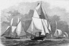 Start of ocean yacht race from Sandy Hook, New Jersey, December 11, 1866, artist's impression.