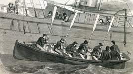 Demonstration of new, safer method for lowering boats from ships, New York Harbor, February 2, 1866, artist's impression