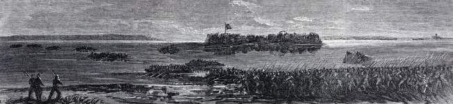 Confederate troops evacuating Morris Island, South Carolina, September 6-7, 1863, artist's impression, zoomable image