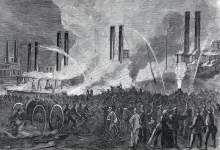 Fire on the Pittsburgh River Docks, September 10, 1865, artist's impression, detail