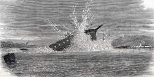 Blowing up of H.M.S. Terpsichore during torpedo experiments, Chatham, Kent, 1865, artist's impression