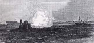 U.S.S. Catskill in action against a blockade runner, Charleston Harbor, South Carolina, Summer 1863, artist's impression.