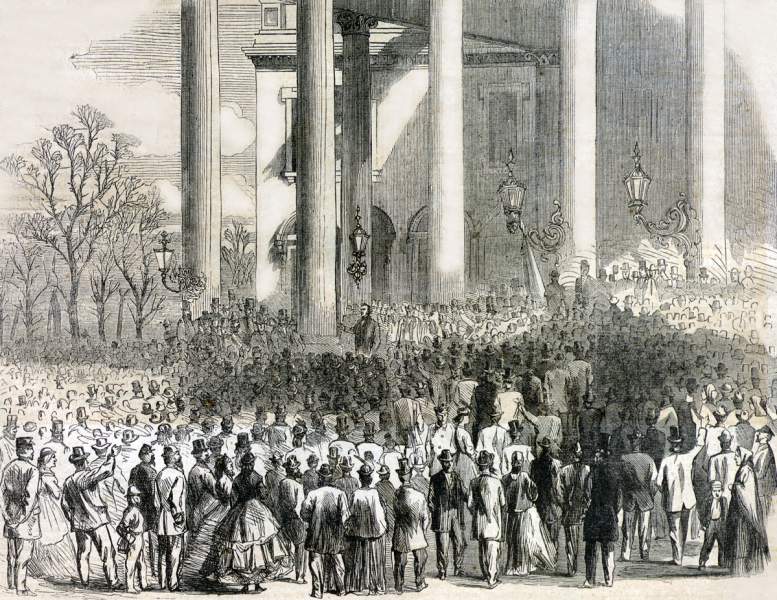 President Andrew Johnson, speaking on Washington's Birthday in Washington, D.C., February 22, 1866, artist's impression