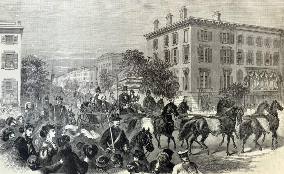 President Andrew Johnson's carriage on Fifth Avenue, New York City, August 1866, artist's impression