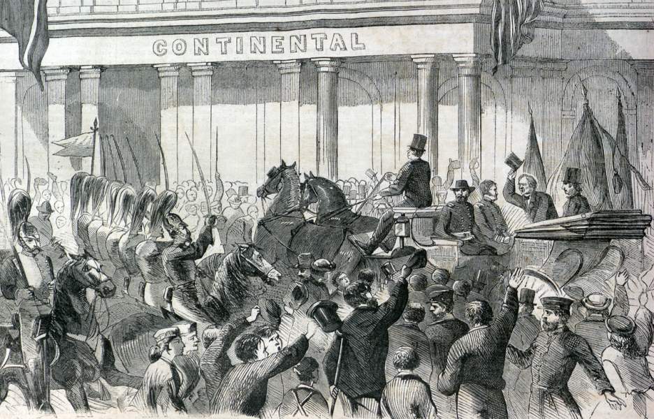 President Johnson's arrival at the Continental Hotel, Philadelphia, Pennsylvania, August 1866, artist's impression.