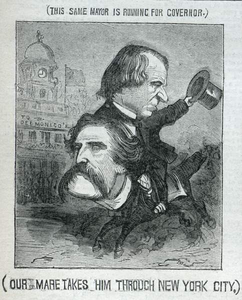 "Our Mare takes him through New York City," from "Andy's Trip," Harper's Weekly Magazine, October 27, 1866, artist's impression, zoomable image.
