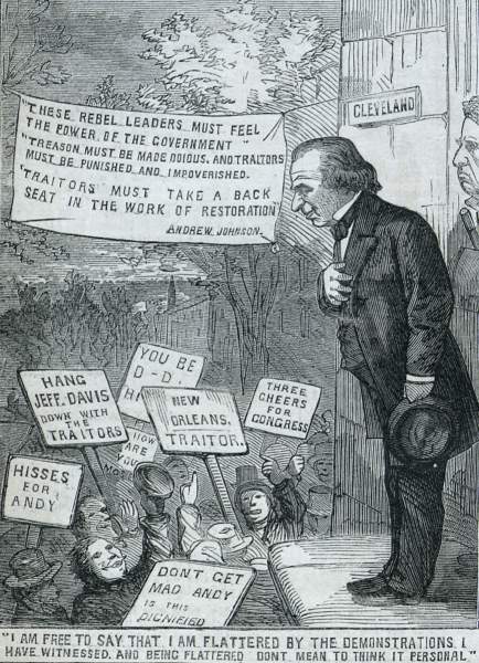 "Flattered by the Demonstrations..." from "Andy's Trip," Harper's Weekly Magazine, October 27, 1866, artist's impression, zoomable image.