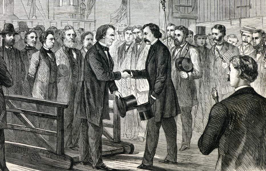 President Andrew Johnson being welcomed at Pier One, New York City, August 29, 1866, artist's impression.