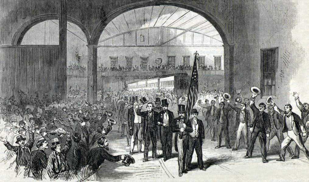 President Andrew Johnson embarking at Jersey City, New Jersey for the ferry to New York City, August 29, 1866, artist's impression.