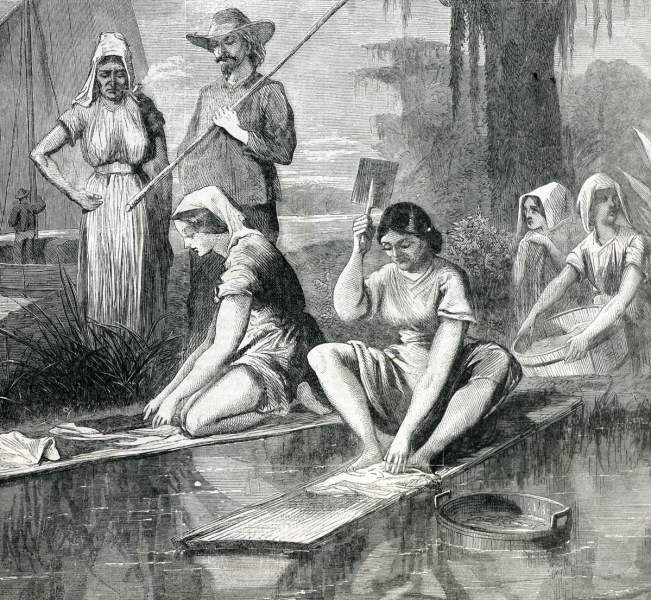 Washing day in Acadian Louisiana, Bayou Lafourche, September 1866, artist's impression, detail.