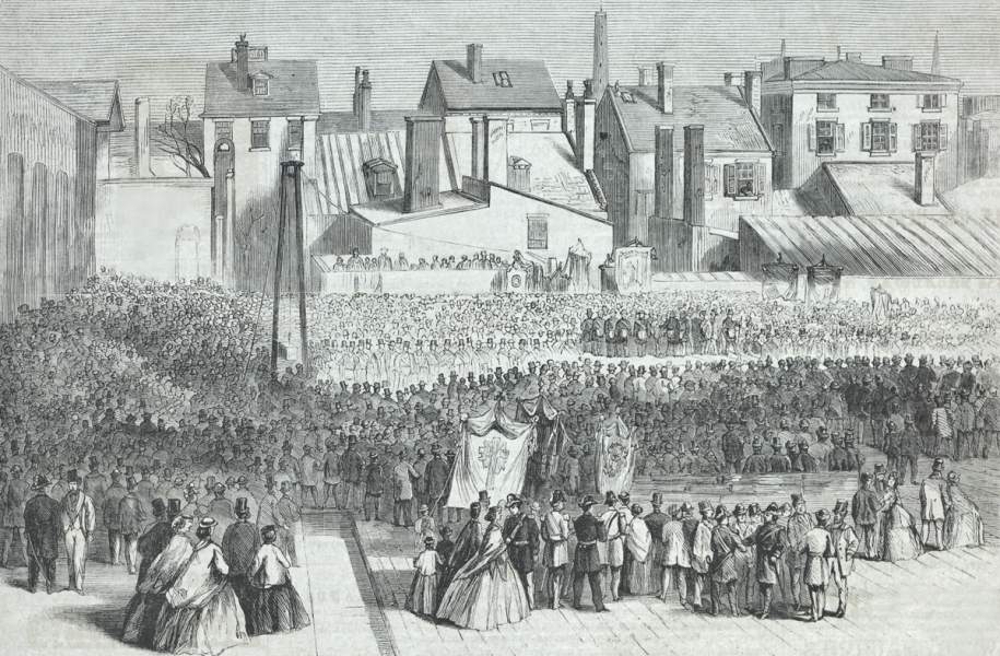 Cornerstone dedication ceremony, new Masonic Temple, Baltimore, Maryland, November 20, 1866, artist's impression.