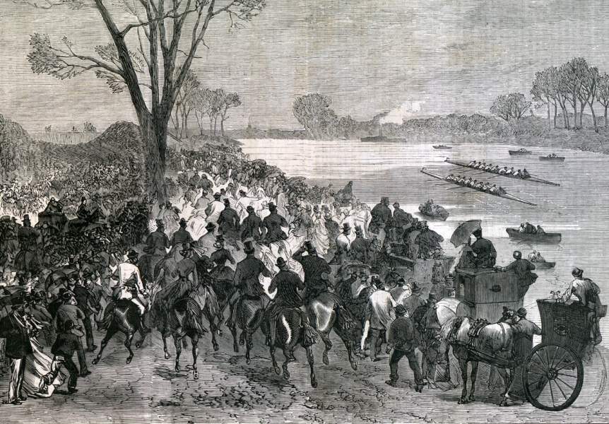 Twenty-fourth Oxford and Cambridge Boat Race, The Thames, London, April 13,1867, artist's impression.