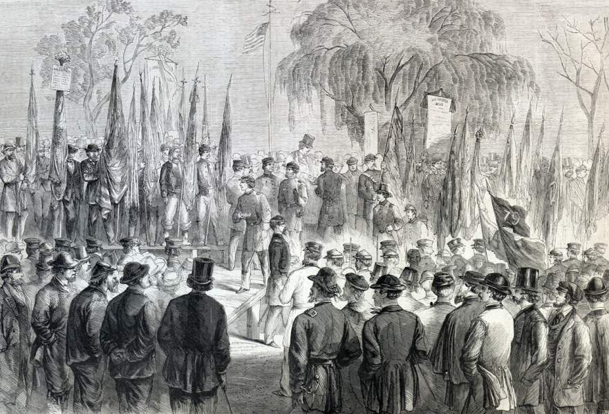 Civic medal awards ceremony for Brooklyn veterans, Fort Greene, New York, October 25, 1866, artist's impression.
