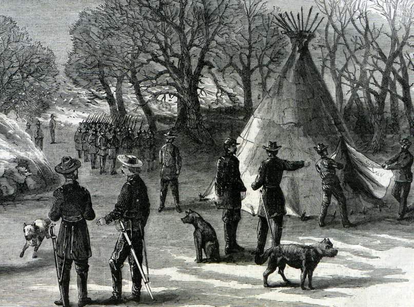 Destruction of Cheyenne villlage near Fort Larned, Kansas, April 19,1867, artist's impression, detail.
