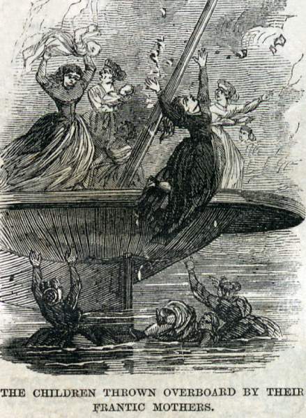 Passengers abandoning the burning Mississippi steamboat "Fashion," December 27, 1866, artist's impression.