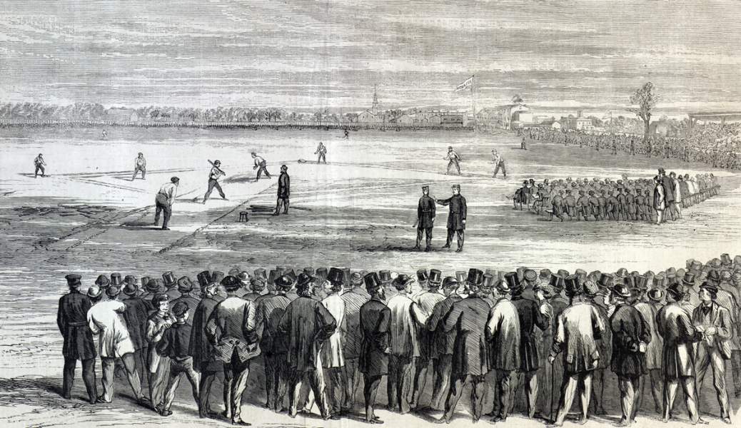 Baseball game between Atlantic of Brooklyn and Athletics of Philadelphia, Brooklyn, New York, October 15, 1866, artist's impression.