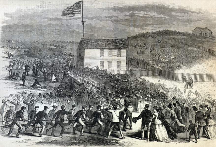 The Atlantic Cable being carried ashore for connection at Heart's Content, Newfoundland, July 27, 1866, artist's impression.