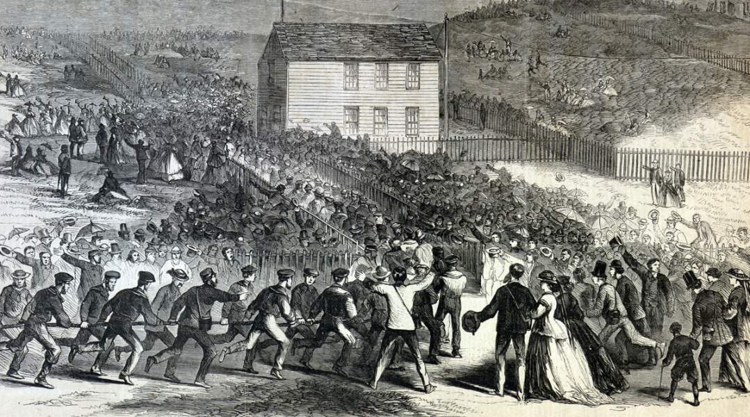 The Atlantic Cable being carried ashore for connection at Heart's Content, Newfoundland, July 27, 1866, artist's impression, detail.