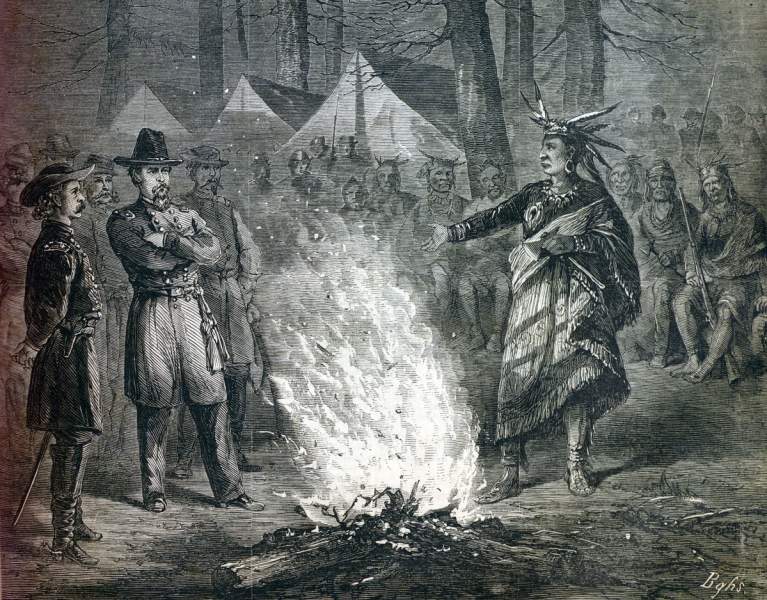 General W.S. Hancock in an evening meeting with Cheyenne leaders, Fort Larned, Kansas, April 12, 1867, artist's impression.