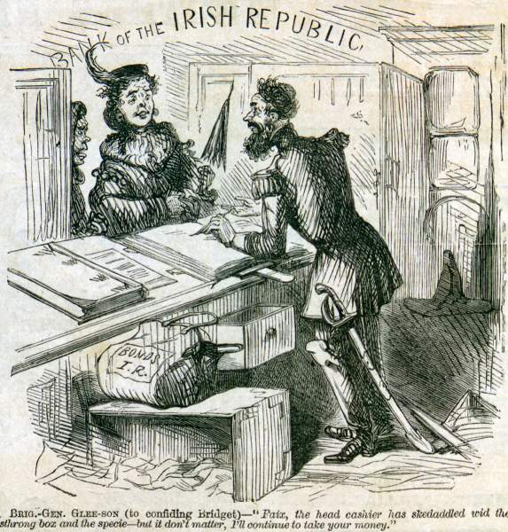 "Bank of the Irish Republic," cartoon, Frank Leslie's Illustrated, February 2, 1867.
