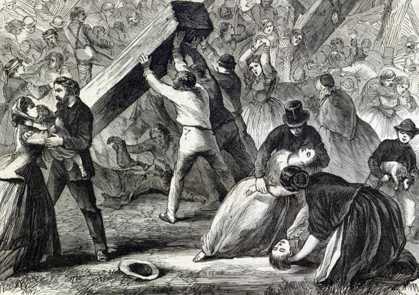Clearing wreckage from the deadly platform collapse at Johnstown, Pennsylvania, September 14, 1866, artist's impression, detail.