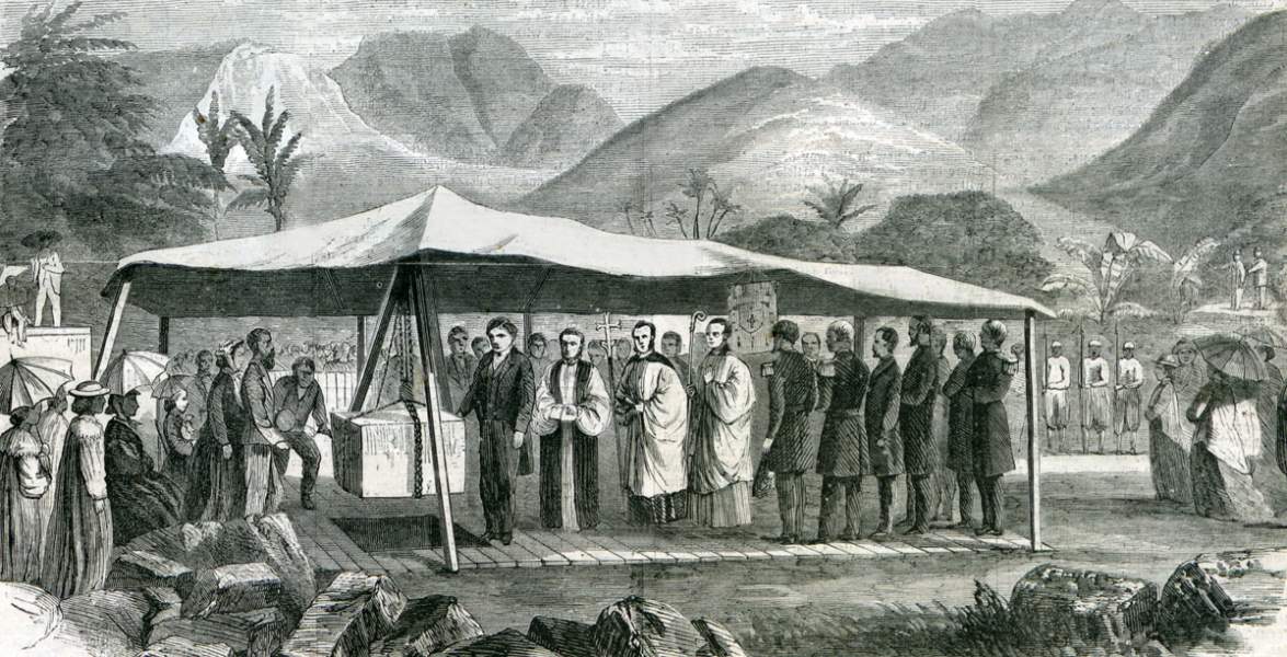 King Kamehamena V of Hawaii laying the cornerstone of the Episcopal Church, Honolulu, March 5, 1867, artist's impression.