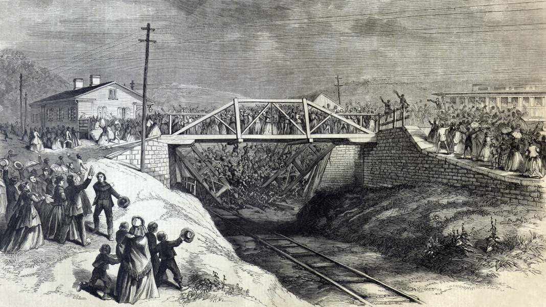 The deadly platform collapse at Johnstown, Pennsylvania, September 14, 1866, artist's impression, zoomable image.