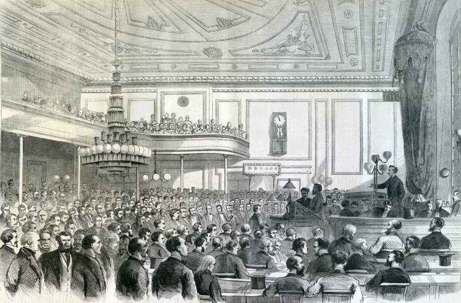 William A. Wheeler, newly elected president of the Convention, addressing the New York State Constitutional Convention, Albany, New York, June 4, 1867, artist's impression.