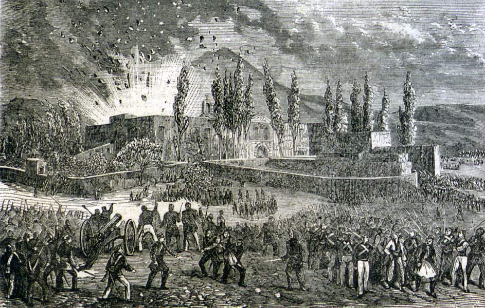 Climax of the Turkish siege of the Arkadi Monastery, Crete, November 9, 1866, artist's impression.