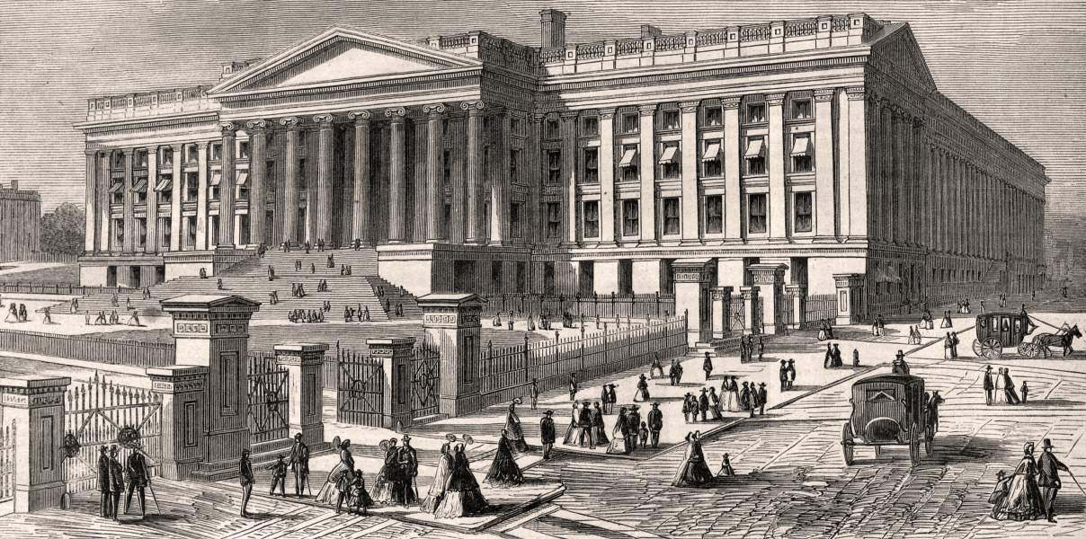 United States Treasury Department Building, Washington, DC, winter 1866, artist's impression.