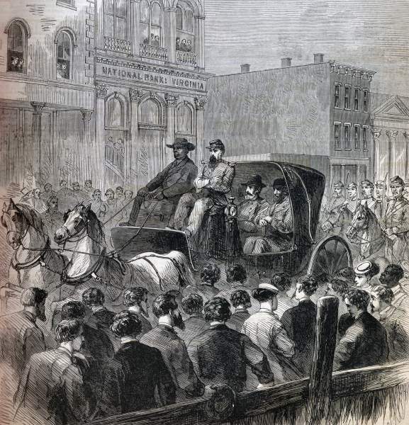 Arrival of Jefferson Davis in Richmond, Virginia for trial, May 11, 1867, artist's impression, zoomable image.