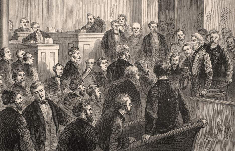 Jefferson Davis before the U.S. District Court, Richmond, Virginia, May 13, 1867, artist's impression, detail, zoomable image.