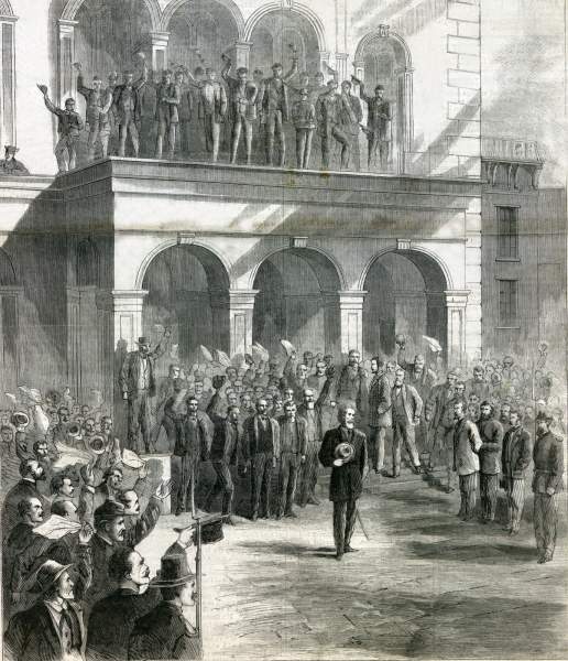 Former Confederate President Jefferson Davis outside the courthouse in Richmond, Virginia, following his release on bail, May 13, 1867, artist's impression, zoomable image.