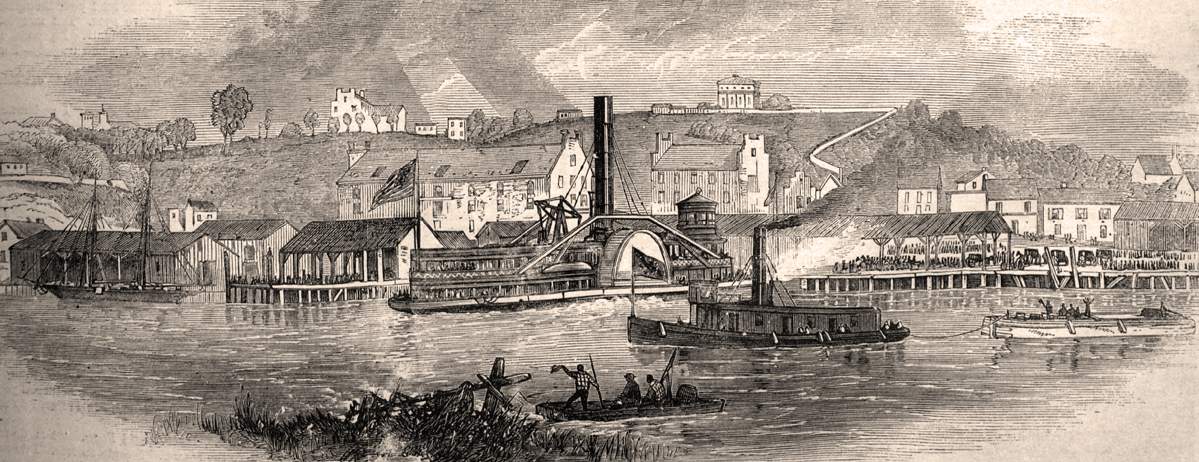 Steamboat carrying former Confederate president Jefferson Davis arriving at Rockett's Landing near Richmond, Virginia, May 11, 1867, artist's impression.