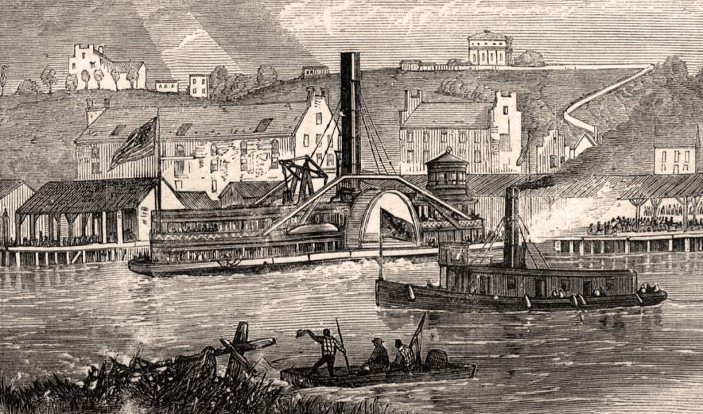 Steamboat carrying former Confederate president Jefferson Davis arriving at Rockett's Landing near Richmond, Virginia, May 11, 1867, artist's impression, detail.