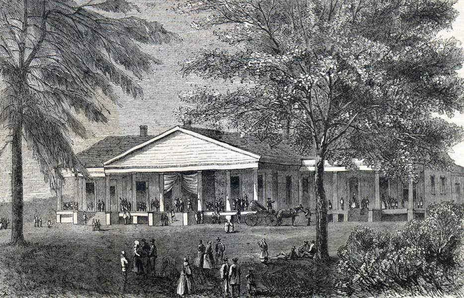 Mansion at the Jefferson Davis Plantation, Mississippi, under use as a Freedmen's School, summer 1866, artist's impression.