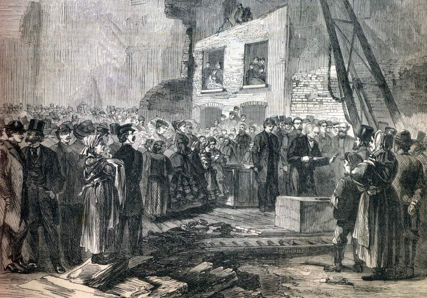 Laying of cornerstone for new buildings of the Howard Mission and Home for Little Wanderers, the Bowery, New York City, May 15, 1867, artist's impression.