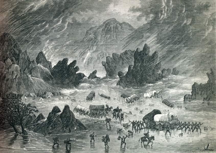 Flash flood inundates a U.S. Army wagon train trapped in Cañon Water, Arizona Territory, March 10, 1867, artist's impression.