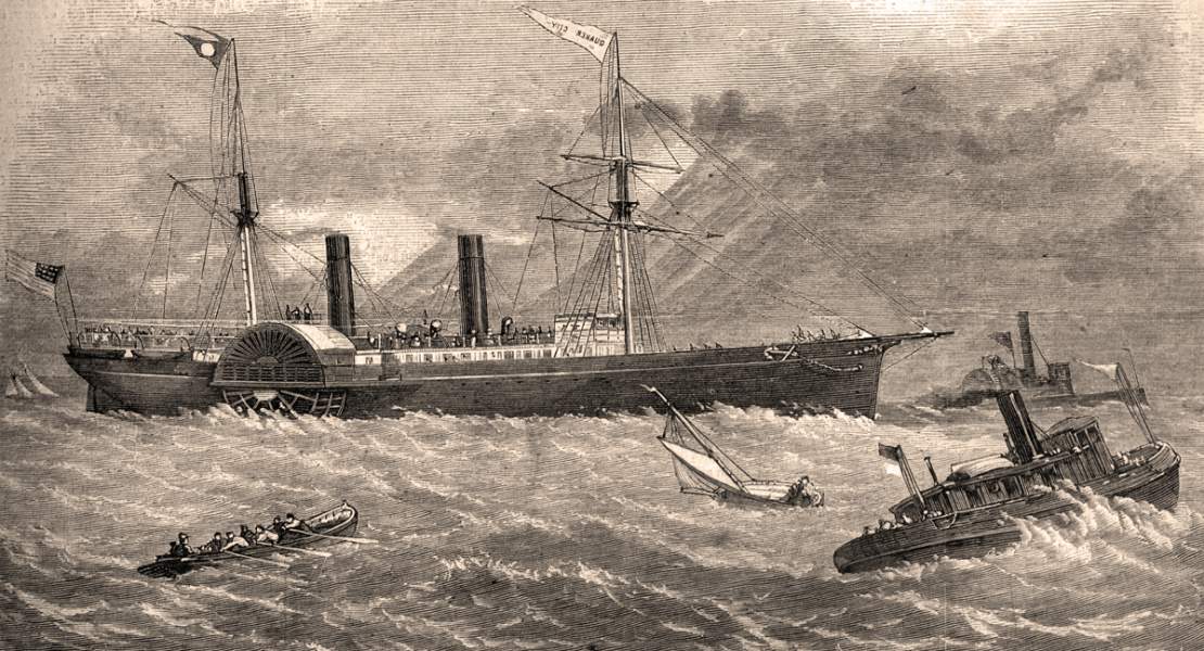 The S.S. Quaker City departing from New York Harbor carrying tourists for the Holy Land, June 8, 1867, artist's impression.