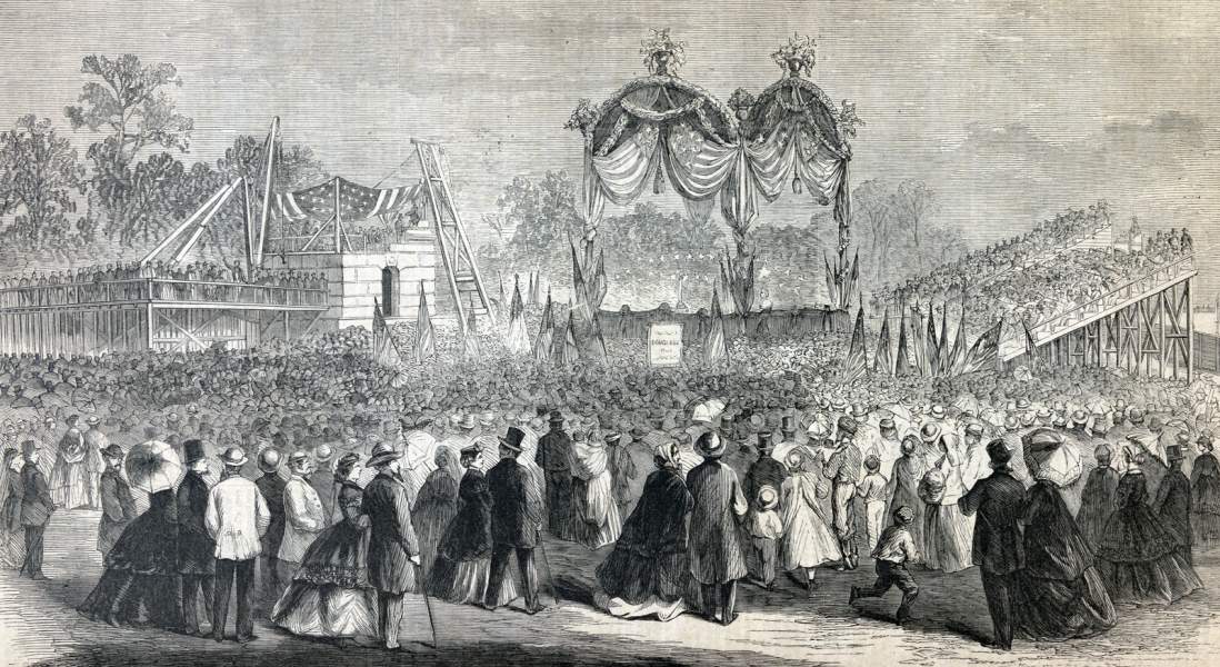 Cornerstone ceremony, Stephen Douglas Monument, Chicago, Illinois, September 6, 1866, artist's impression, zoomable image.