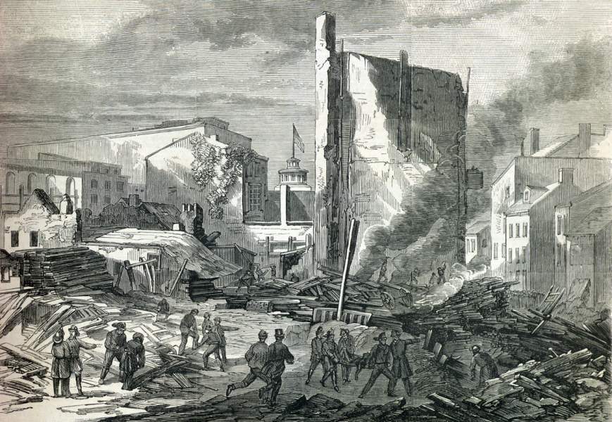 Ruins of Philadelphia Steam Saw Mill after devastating and fatal boiler explosion, June 6, 1867, artist's impression.